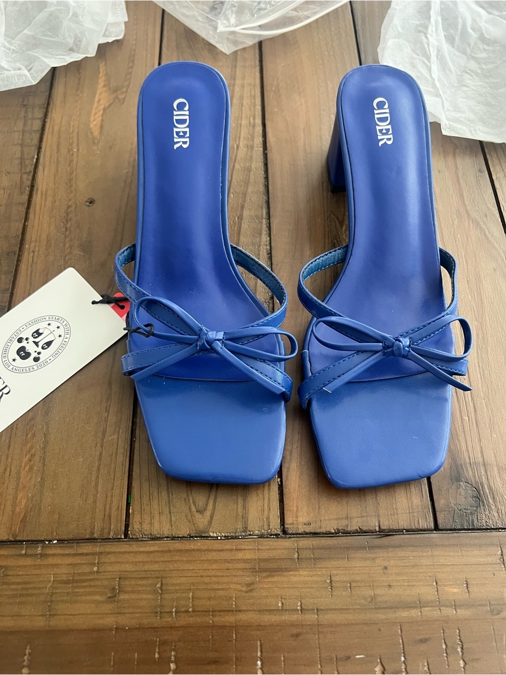 Cider Blue Square-Toe Bow Heel Sandals